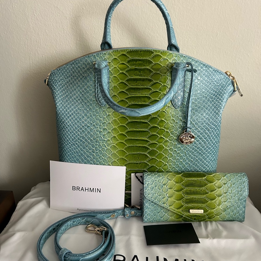 BRAHMIN LARGE DUXURY AND VERONICA WALLET LIMEADE RIVER SET